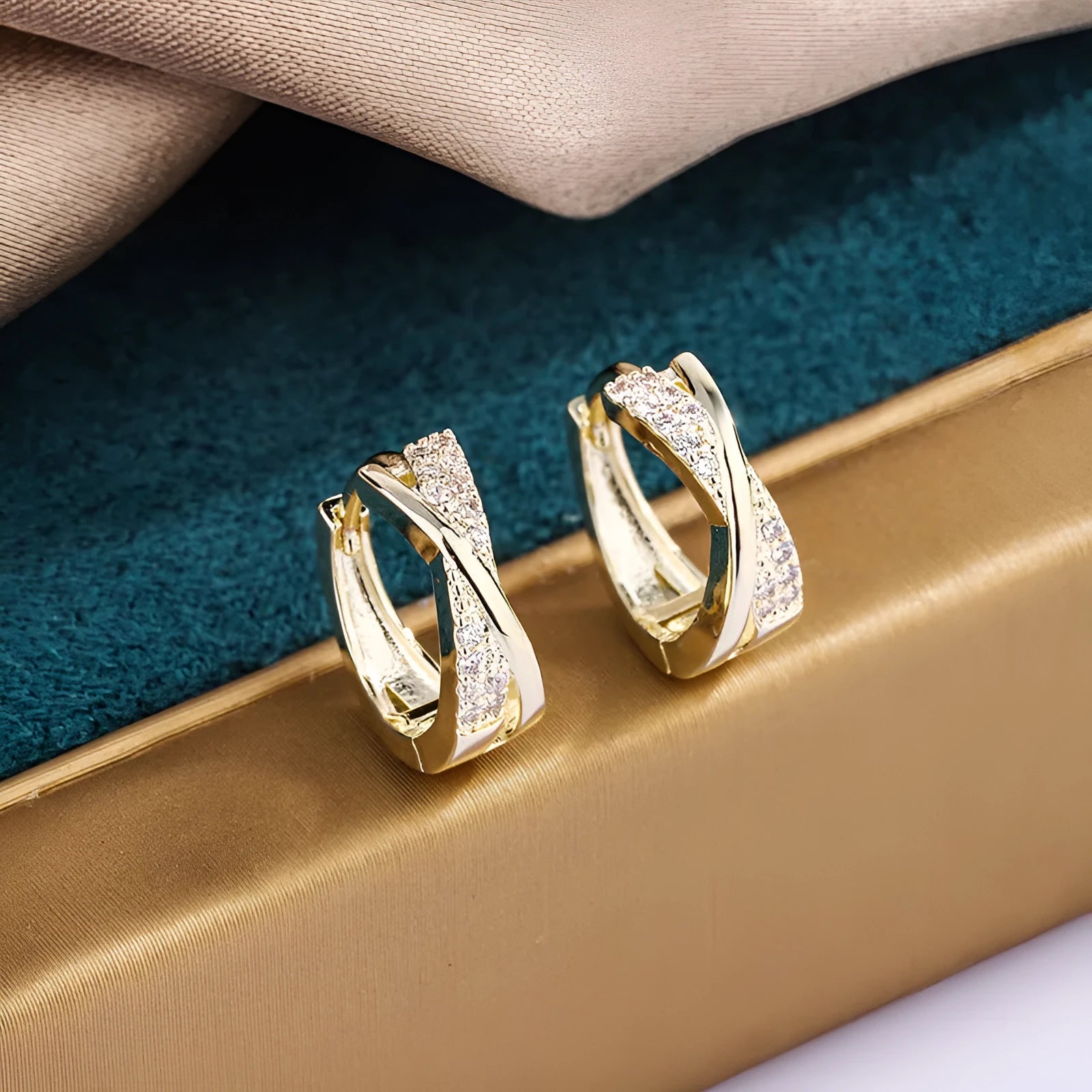 Geometric copper earrings with 14K yellow zircon stone accents showing simple wild aesthetic design