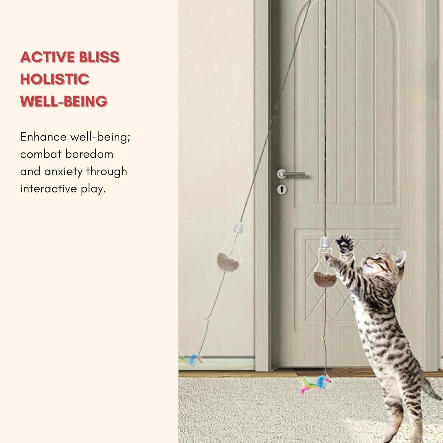 Interactive cat toy hanging on door frame with retractable rope, swinging attachments and treat reward bulb