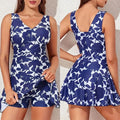 Printed backless Siamese swimsuit with V-neck, sleeveless, high waist, blue pattern, sizes S to XL.
