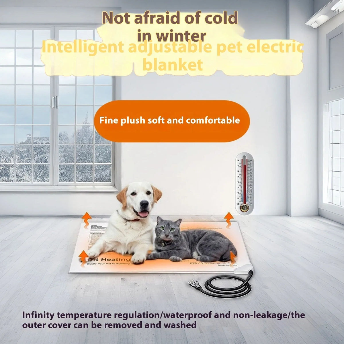 Grey 30x40cm pet electric blanket made of cloth, with US plug, for cats and small dogs in cages or beds.
