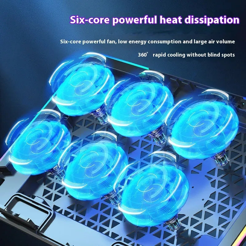 Laptop radiator air cooling base with fan, RGB phone bracket, 360x255x27mm, black colourful version
