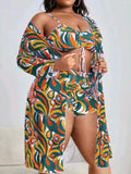 Women's floral patterned three-piece bikini set showing bra, shorts, and cardigan in plus sizes