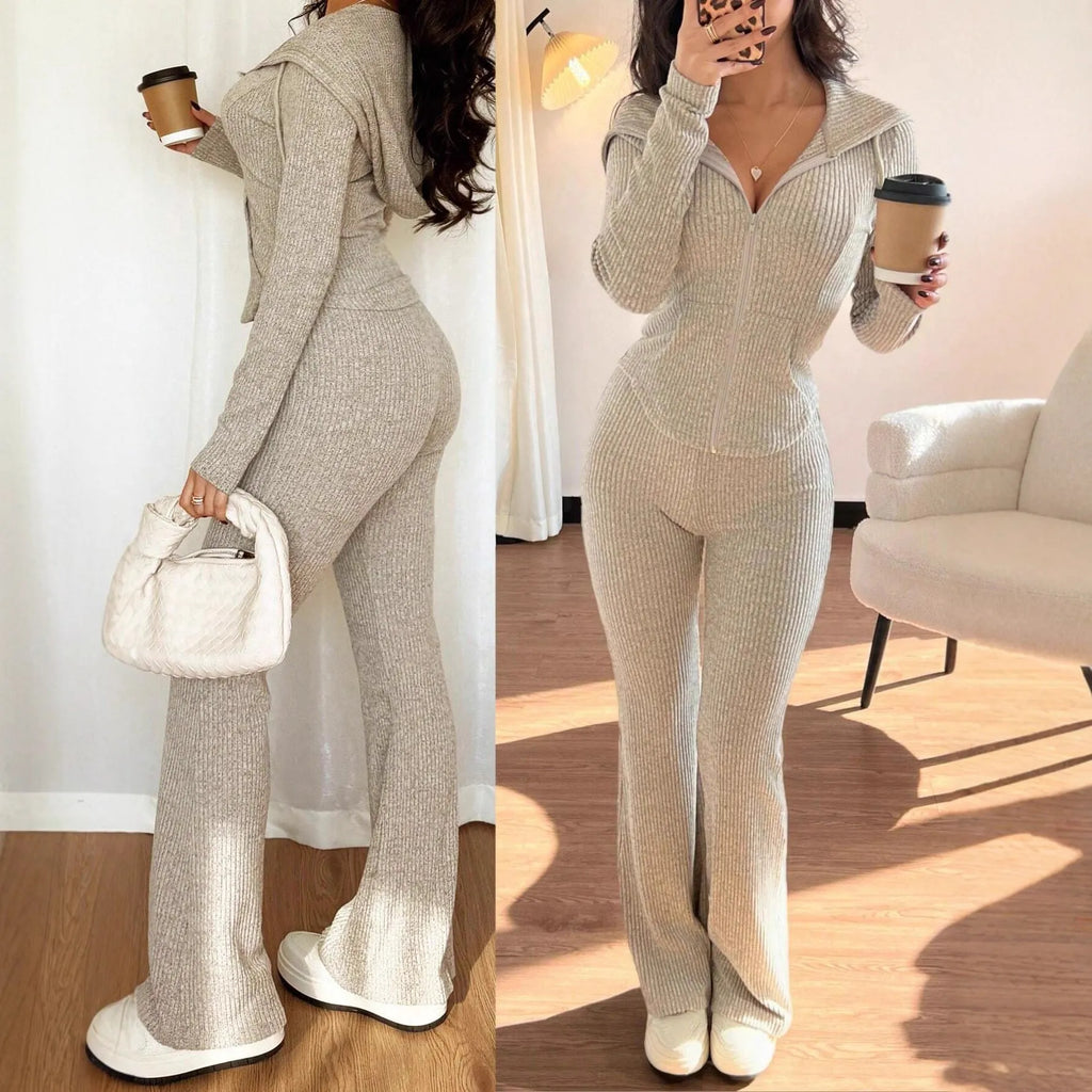Women's long sleeve hooded tracksuit set with zip top and matching trousers in solid colour rib knit, wine red light grey apricot dark grey.