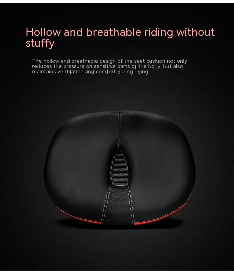 Large thickened bicycle saddle in red, grey, or light brown with reflective stickers.