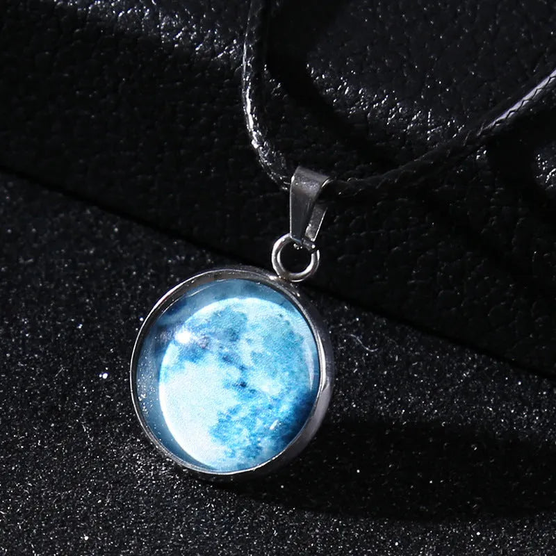 Luminous alloy pendant necklace with constellation design in coloured glass, showing extension chain