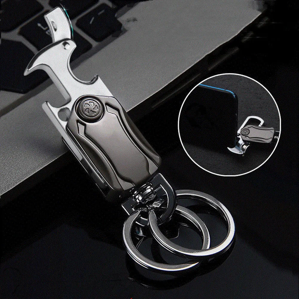 3-in-1 fidget spinner keychain with pocket knife and beer bottle opener in polished chrome-plated alloy