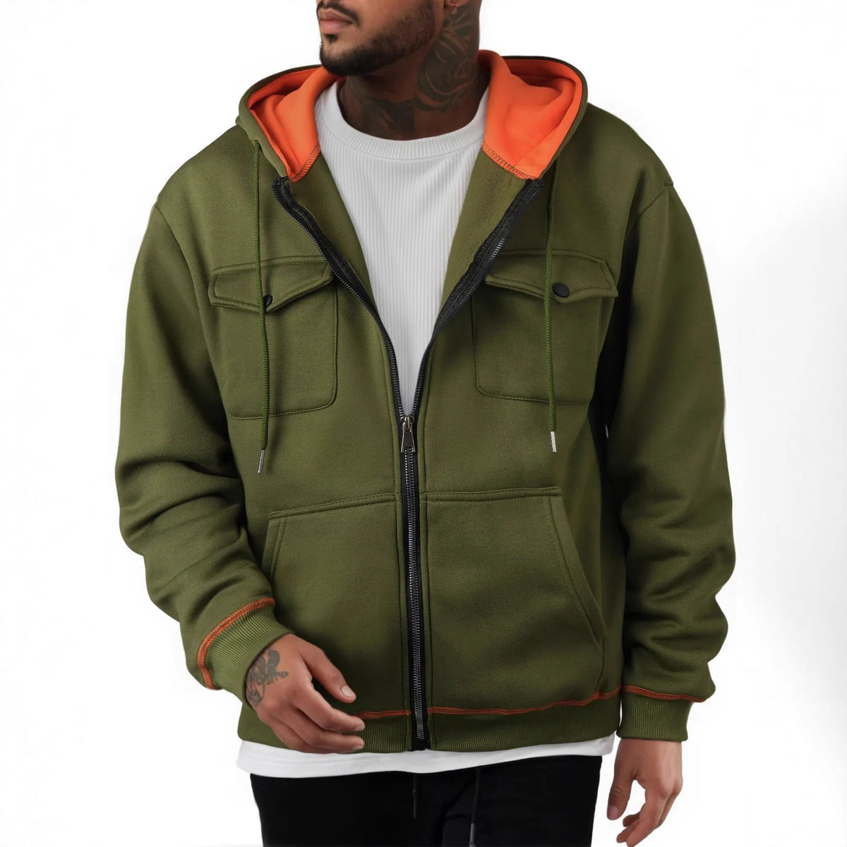 Men's plus size zipper sweater with wool lining, loose fit, long sleeve, available in five colours.