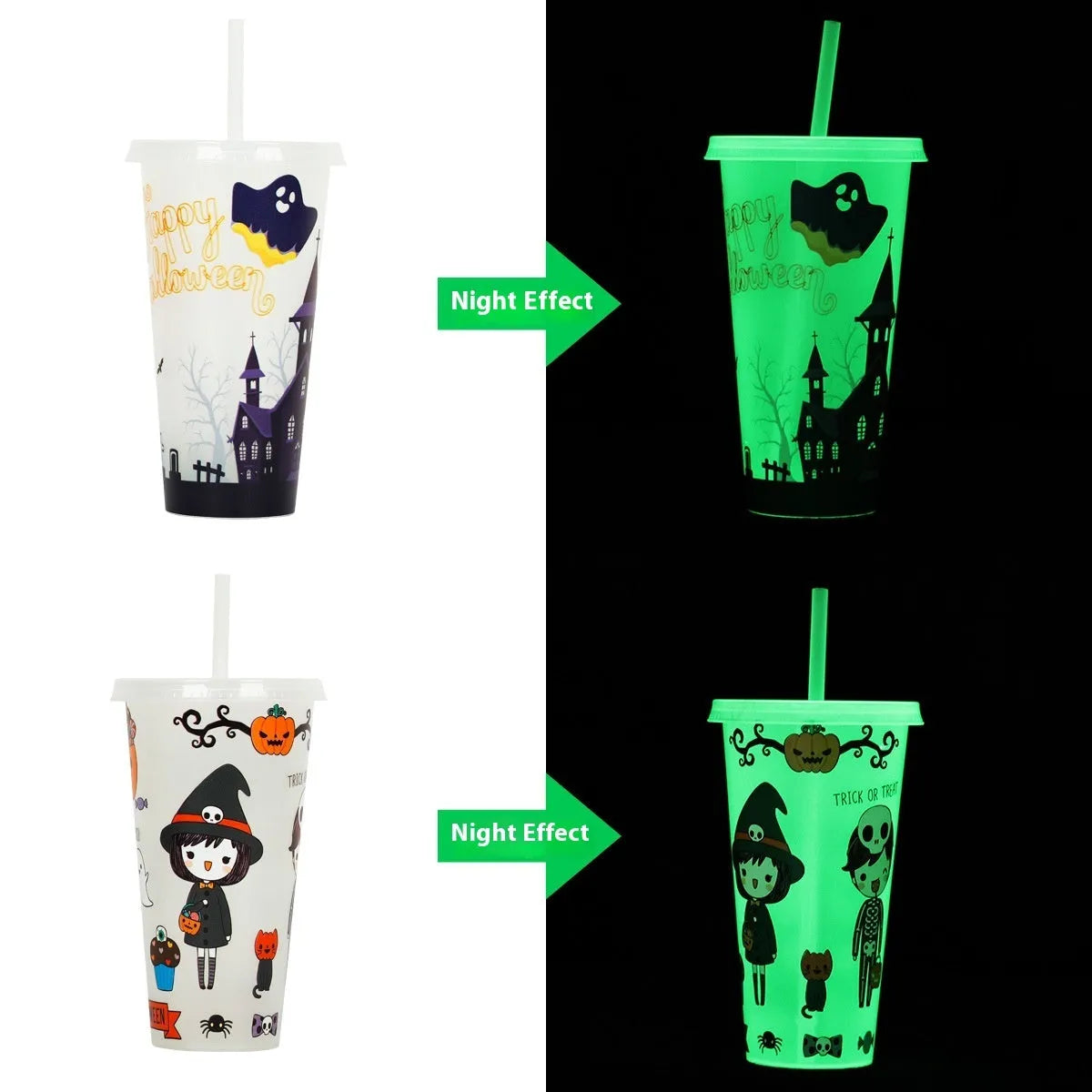 Halloween luminous plastic straw cup with 720ml capacity and cylindrical design