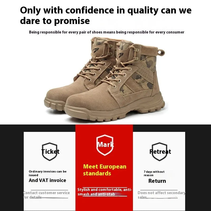 Khaki high-top suede combat boots with steel toe cap and front lace-up closure on a rubber sole.