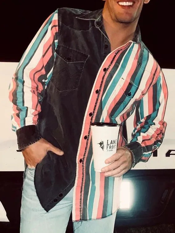 Men's retro striped loose fit cardigan shirt with long sleeves in a punk print design