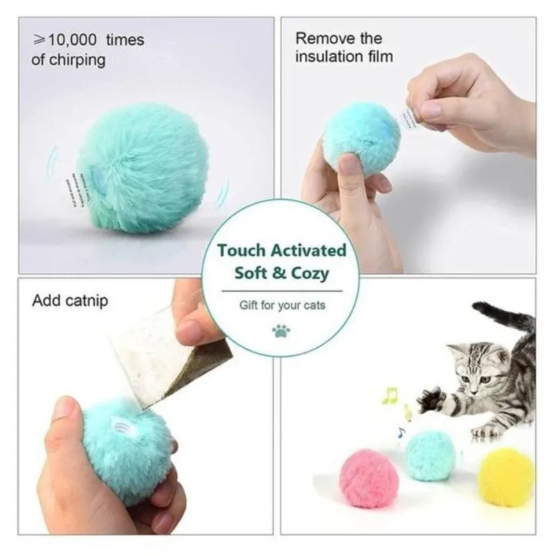 Blue, pink, and yellow interactive cat toy ball with gravity sensor for animal sounds