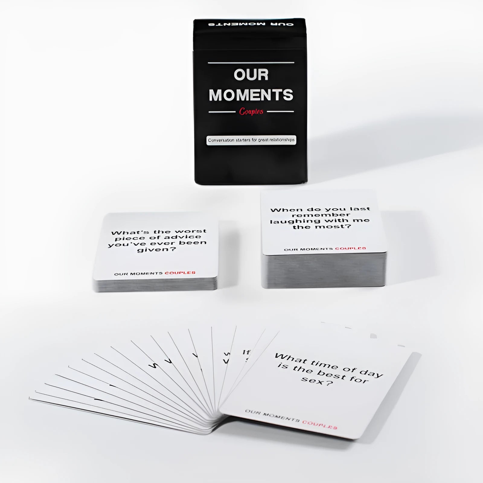 Black coated paper box of Our Time Lovers Edition communication cards for couples.