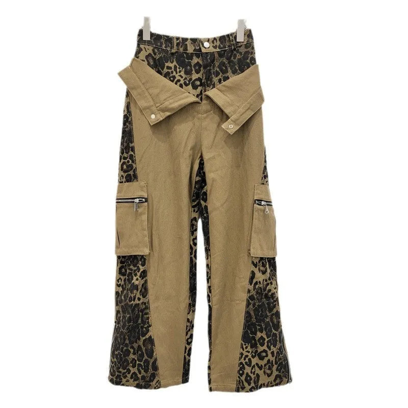 Women's dark khaki high waist jeans with a leopard print pattern and fake two-stitching tooling detail.