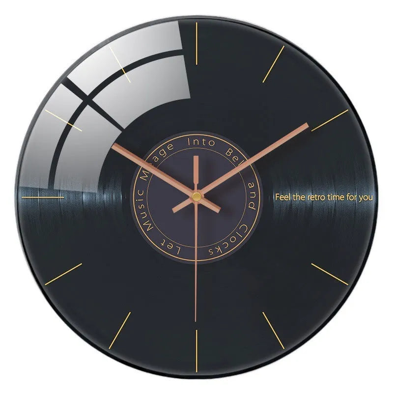 Retro 3D stereo acrylic vinyl CD record wall clock with glass front, 12 inch diameter, gold pointer style on white background