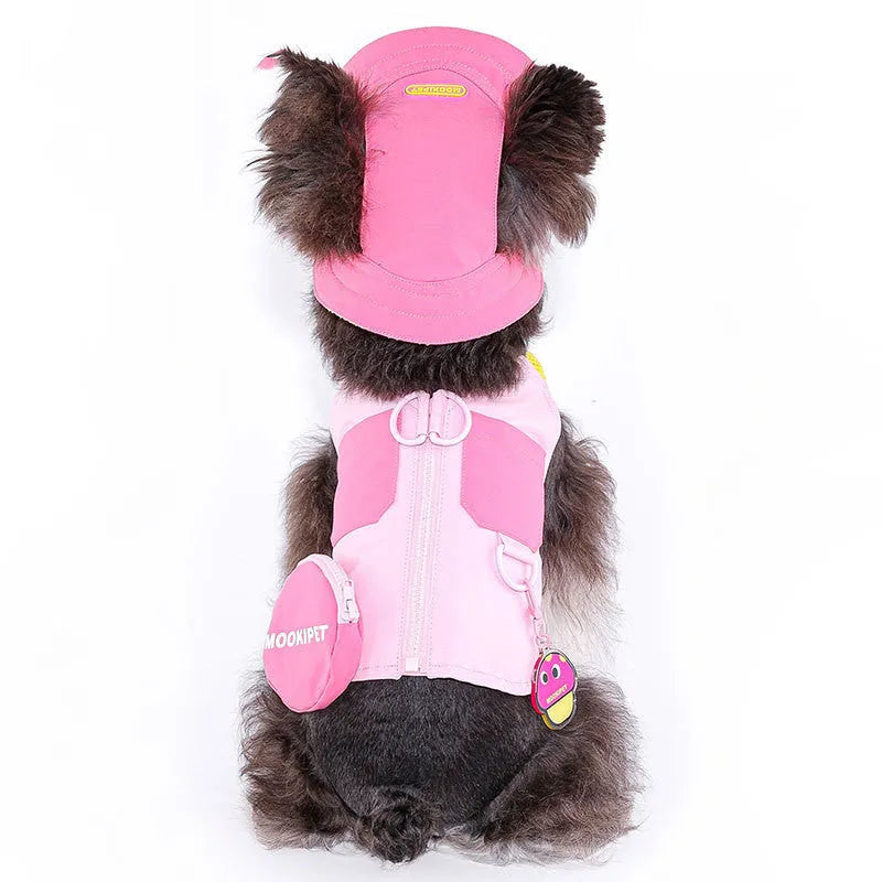 Pink polyester pet vest dog jacket shown on small breed dog