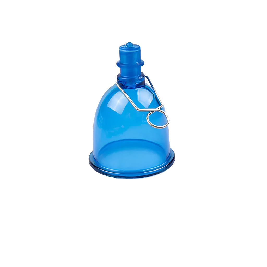 Blue silicone men's physical stretch exerciser showing small, medium, and large size options.