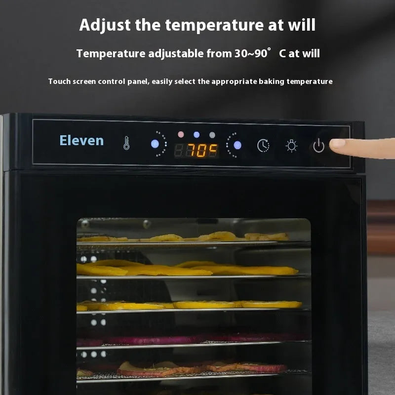 Stainless steel double-layer fruit dehydrator with LED control panel and multiple drying trays.