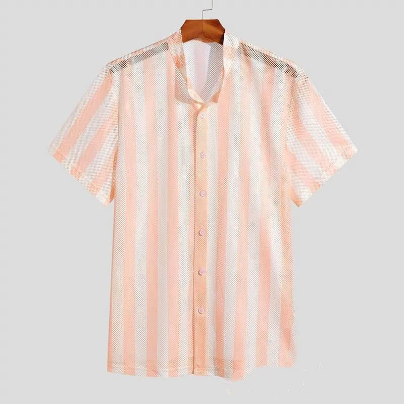 Men's pink waffle texture shirt with hole design, cardigan style with short sleeves