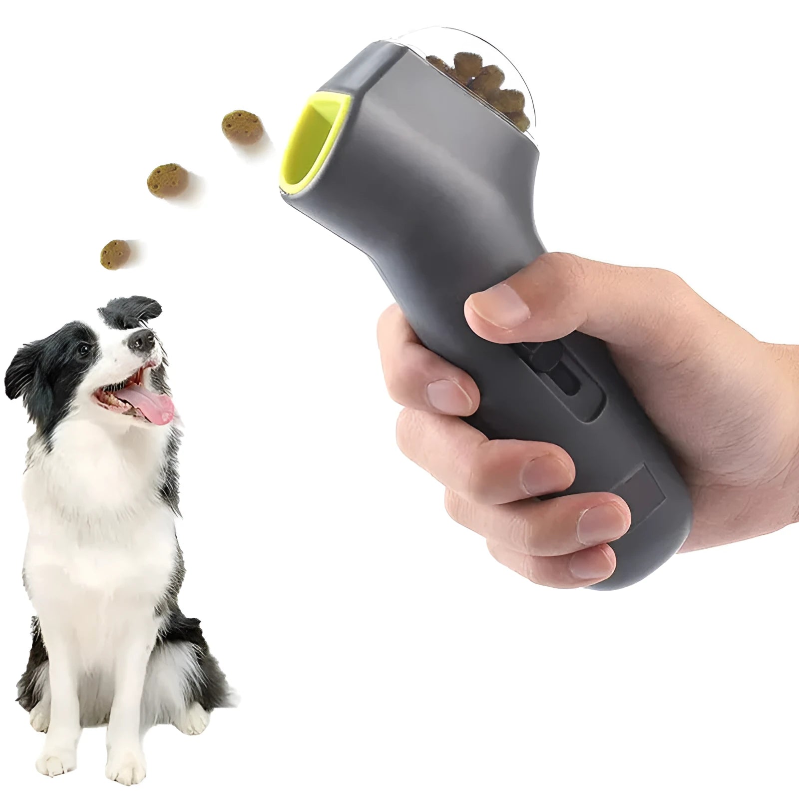 Grey compact pet snack catapult launcher on a plain background, showing the handle and trigger mechanism.