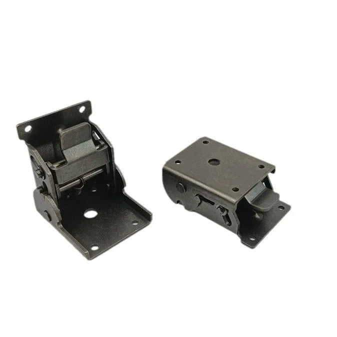 A metal furniture folding hinge with an electroplated finish, shown in a 90-degree open position.