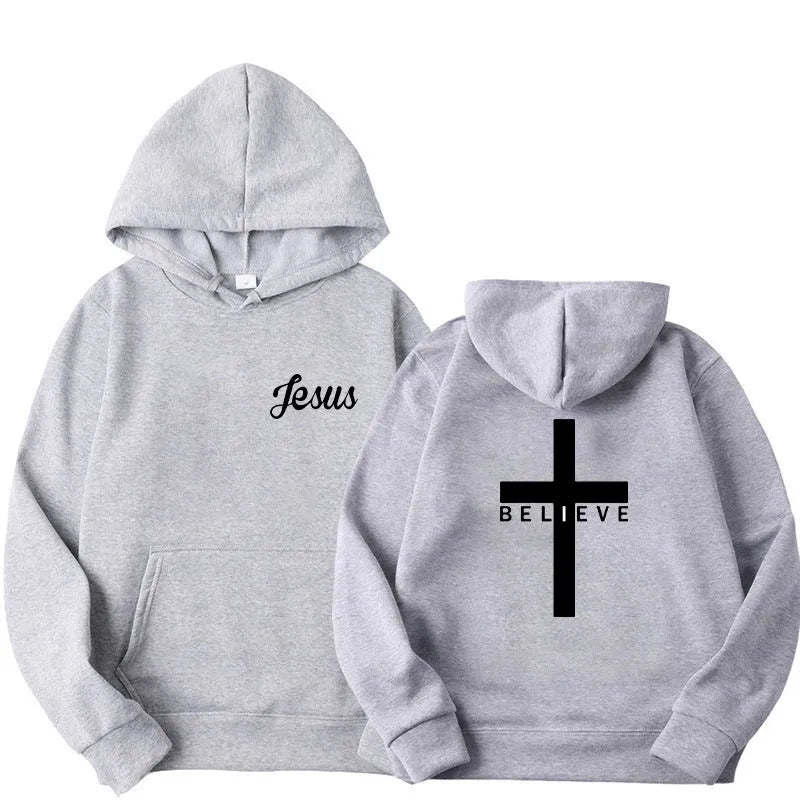 Believe Cross printed men's pullover hoodie with drawstring hood, polyester, black grey white navy blue