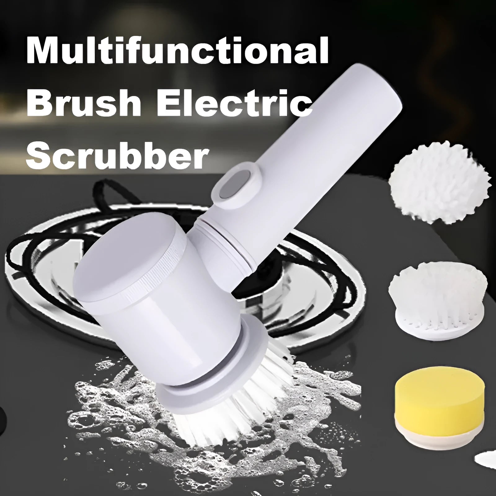 Electric kitchen cleaning brush with replaceable nylon and sponge brush heads for automatic scrubbing