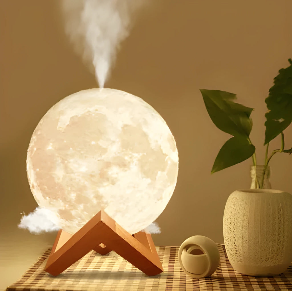 Wood finish spherical lunar humidifier and night light on a bedside table.