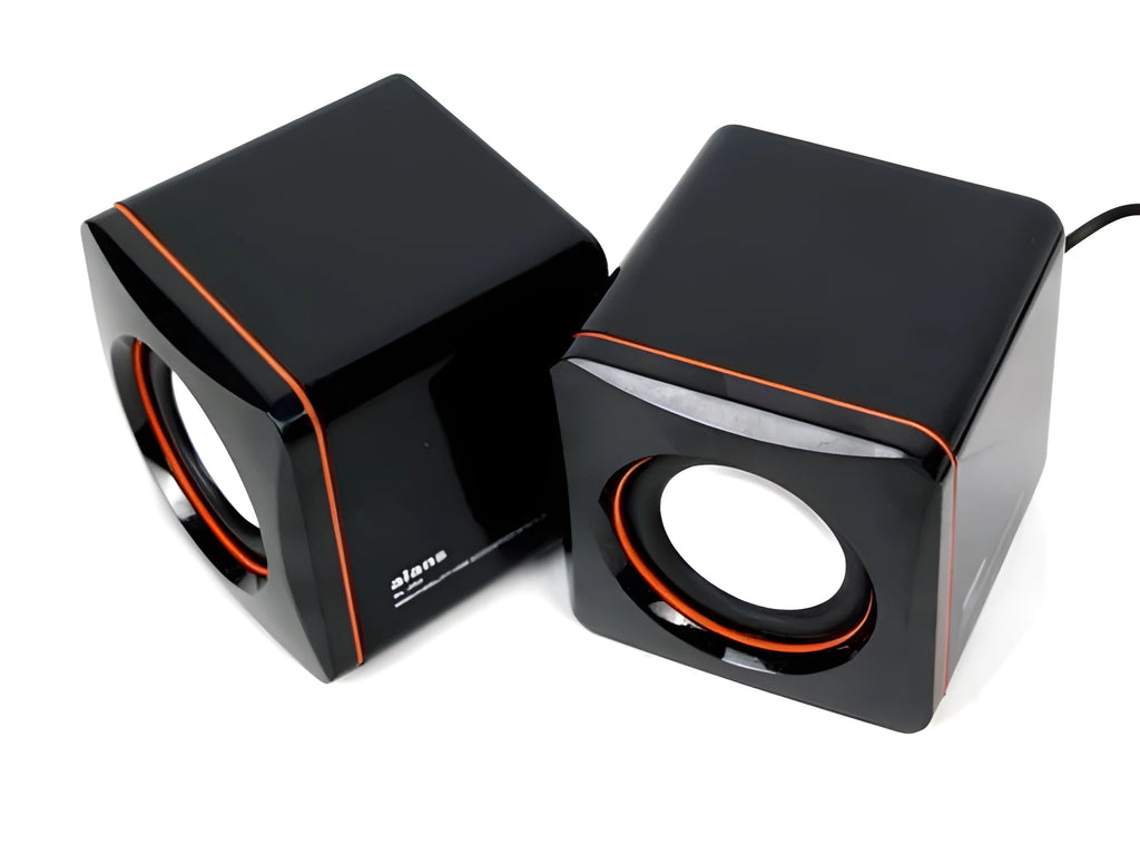 Small black square 2.0 USB computer speaker for Model 700B PC on a desk