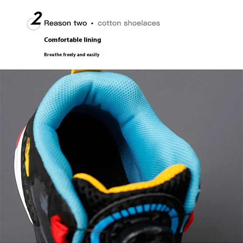 Children's rotating button basketball shoes in various colours with a synthetic leather upper and PU sole.