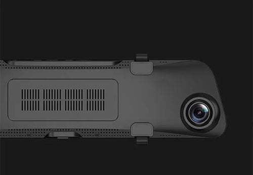 12-inch rearview mirror tachograph dash cam with dual lenses mounted in a car
