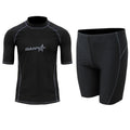 Men's blue half-sleeve quick-dry nylon swimsuit top and pants set for swimming and surfing.