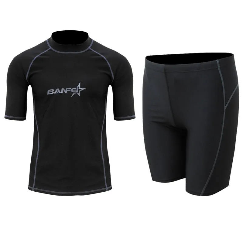 Men's blue half-sleeve quick-dry nylon swimsuit top and pants set for swimming and surfing.