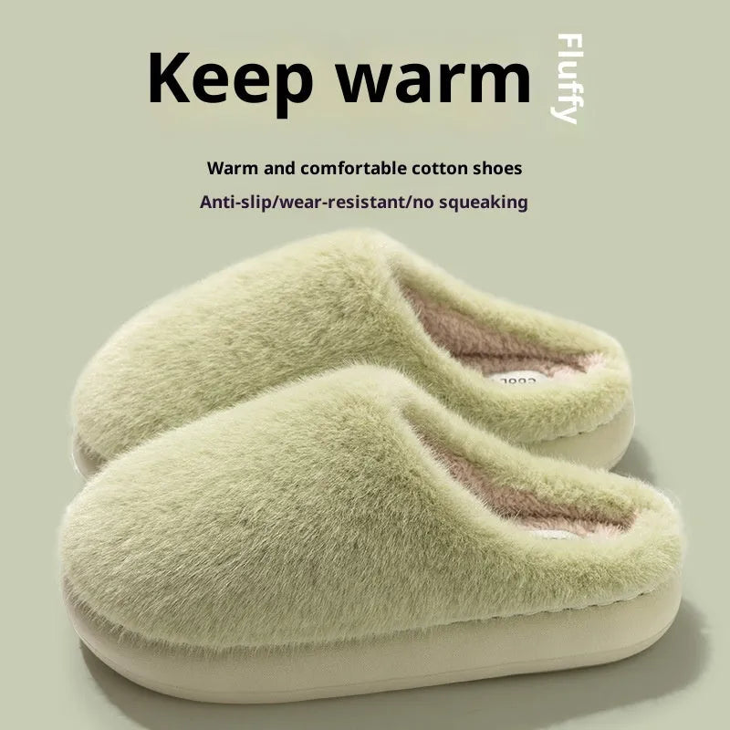 Non-slip winter cotton-padded slippers with plush upper, flat heel, round toe, beige colour
