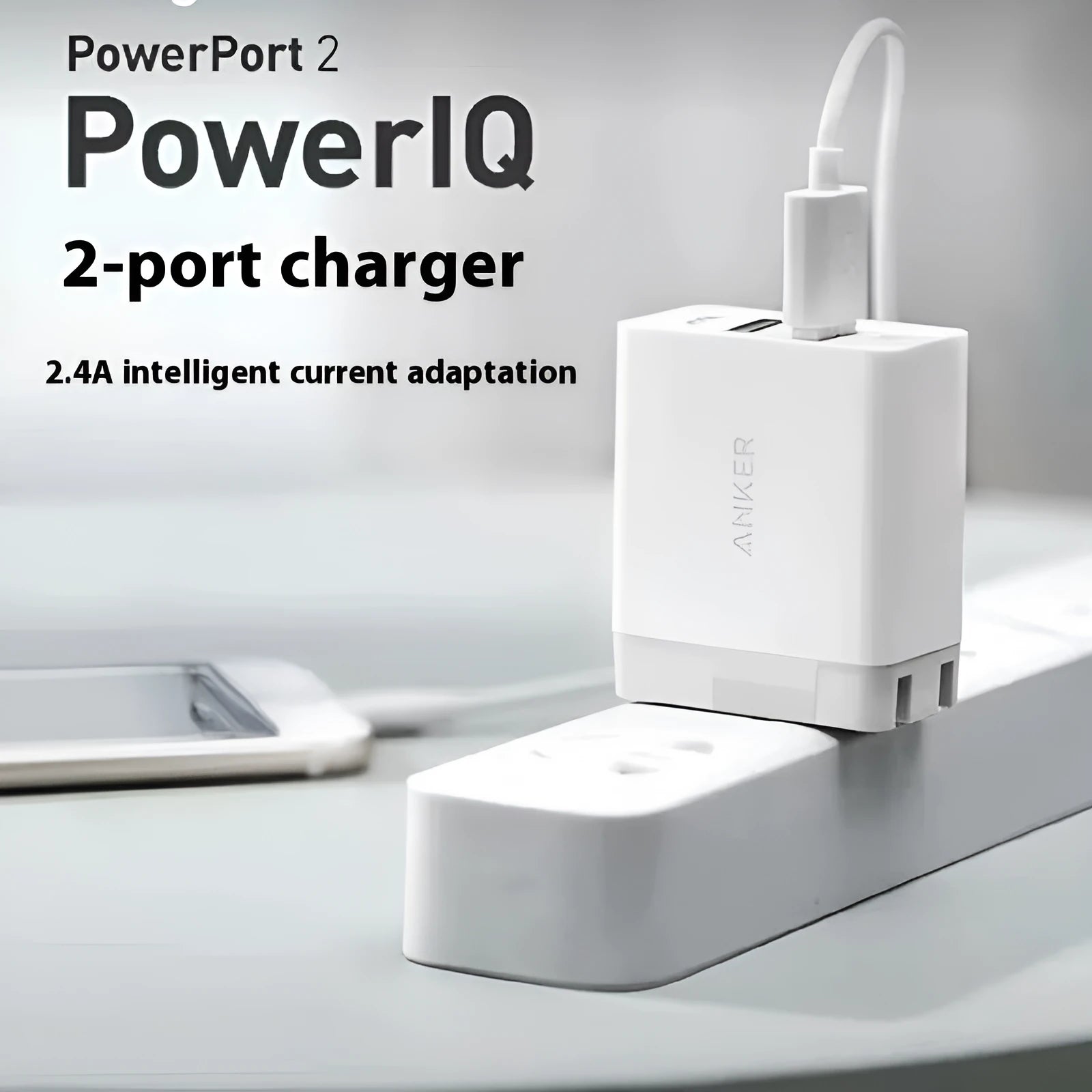White dual-port 12W USB charger with national standard plug on a plain background