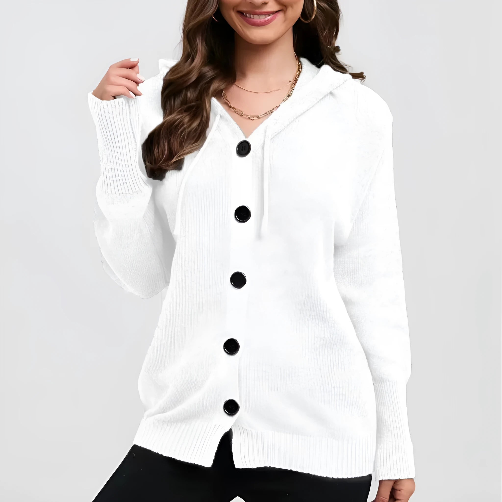 Women's thick cotton hooded cardigan sweater in army green colour showing loose fit and single-breasted design