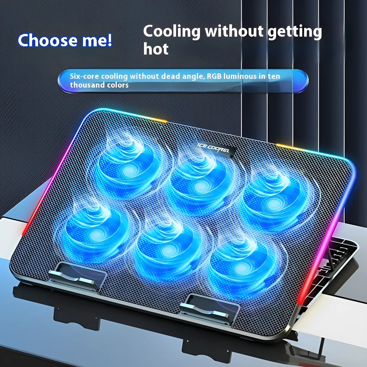 Laptop radiator air cooling base with fan, RGB phone bracket, 360x255x27mm, black colourful version