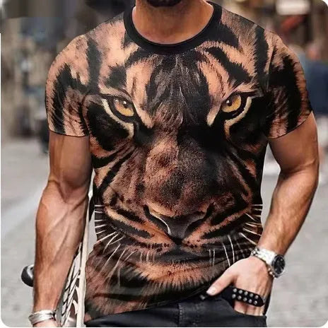 Men's grey t-shirt with a fierce lion's head 3D graphic print on the front.