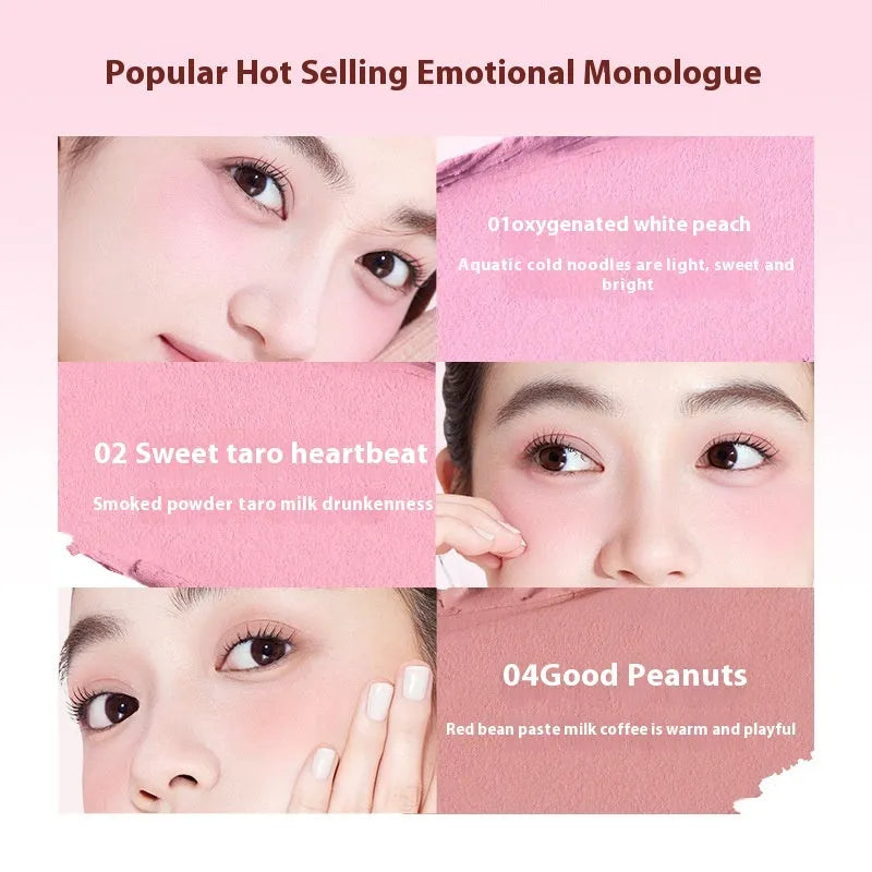Blush powder compact in nude shimmer shades: Oxygenated White Peach, Sweet Potato Heartbeat, Sugar Heart Melon, Good Peanut