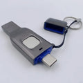 Black metal fingerprint encrypted USB flash drive with USB 3.0 and USB-C connectors.