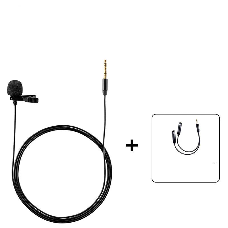 A wired lavalier lapel microphone with a small grille and clothing clip, shown with its attached audio cable.