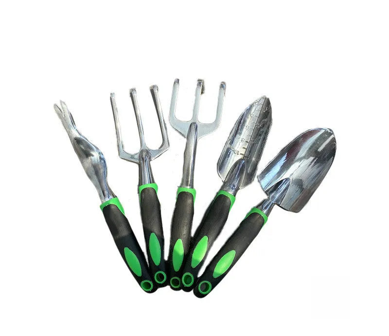 9-piece aluminum alloy gardening tools set with green handles and silicone shovel