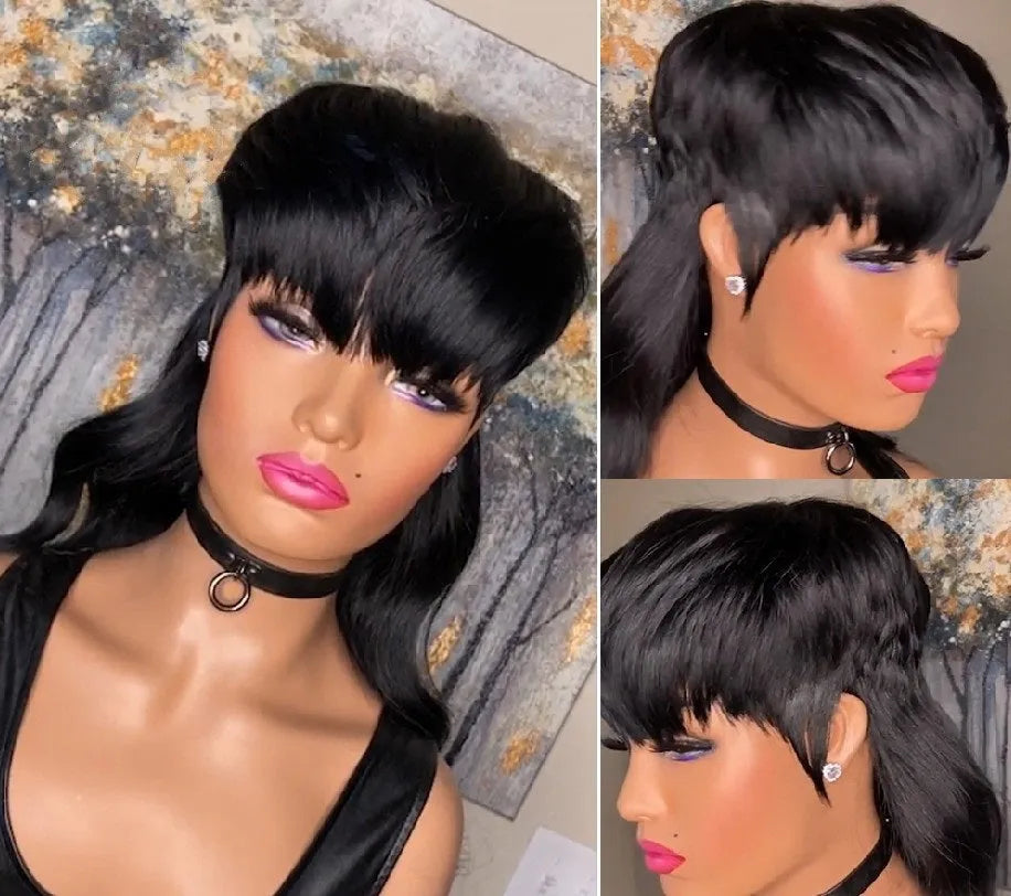 Black Brazilian wig with blunt bangs and long layered back made from high-temperature fibre