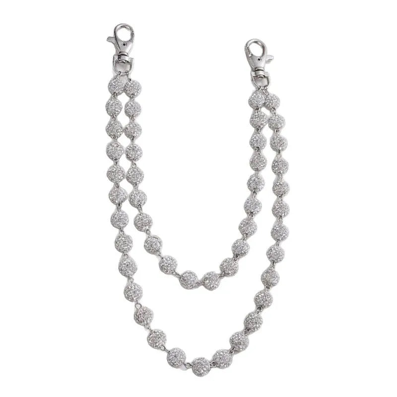 Alloy hip hop waist chain with diamond ball zipper detail, 115cm length, black colour option on display
