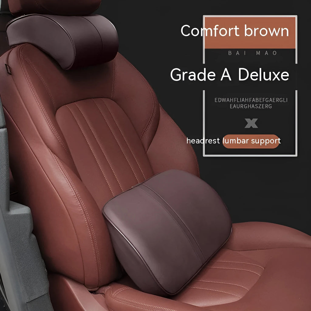 Memory foam car headrest and lumbar support pillow in leather with cotton filler