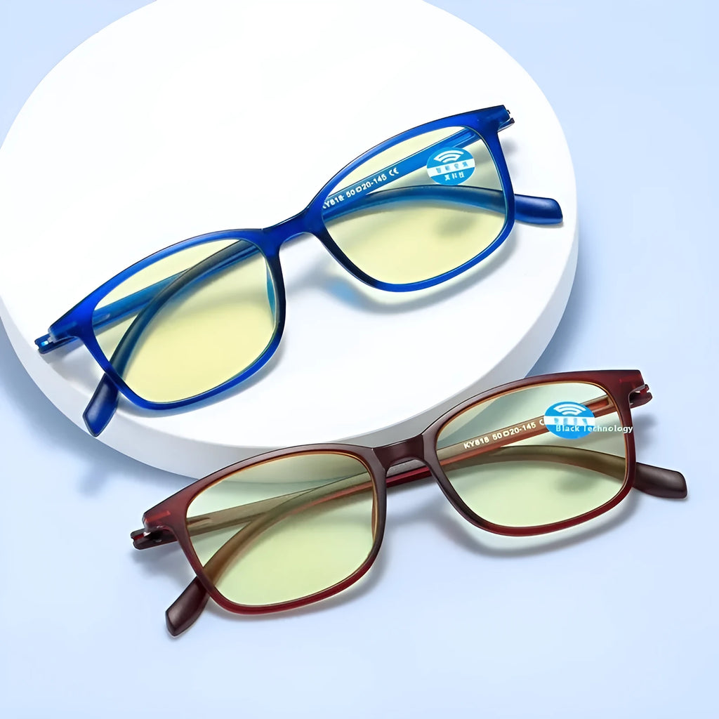 TR90 zoom HD full frame presbyopic glasses with intelligent zoom, shown in blue, black, grey, purple, red, and sand black frame options.