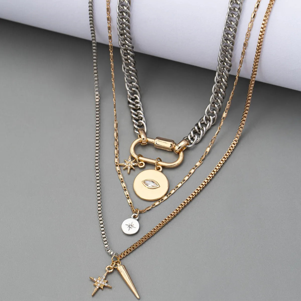 Multi-layer twin necklace for women with alloy electroplated ellipse pendant in clavicle chain style