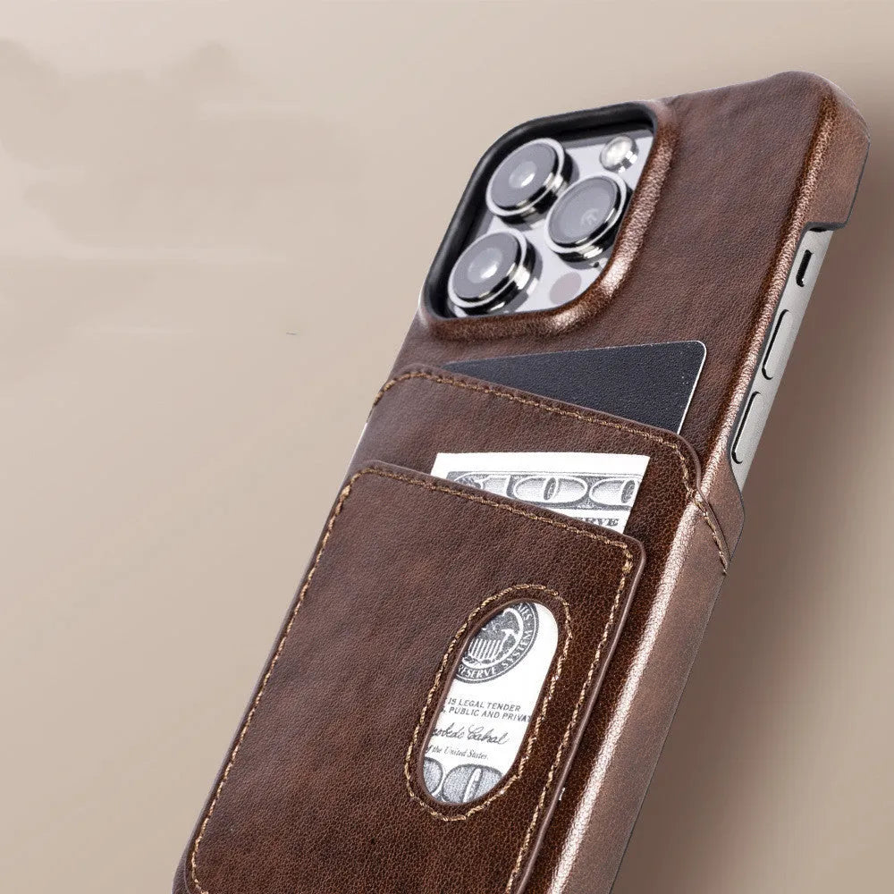 PU leather flip wallet phone case with card slots for iPhone, dark brown colour, front view