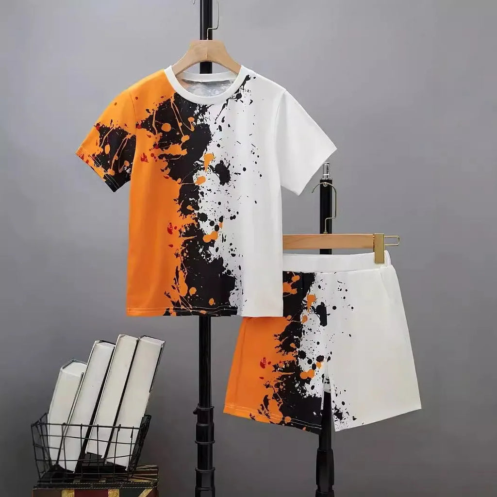 Boys' casual short sleeve t-shirt and shorts two-piece summer set with cartoon pattern in multiple colours