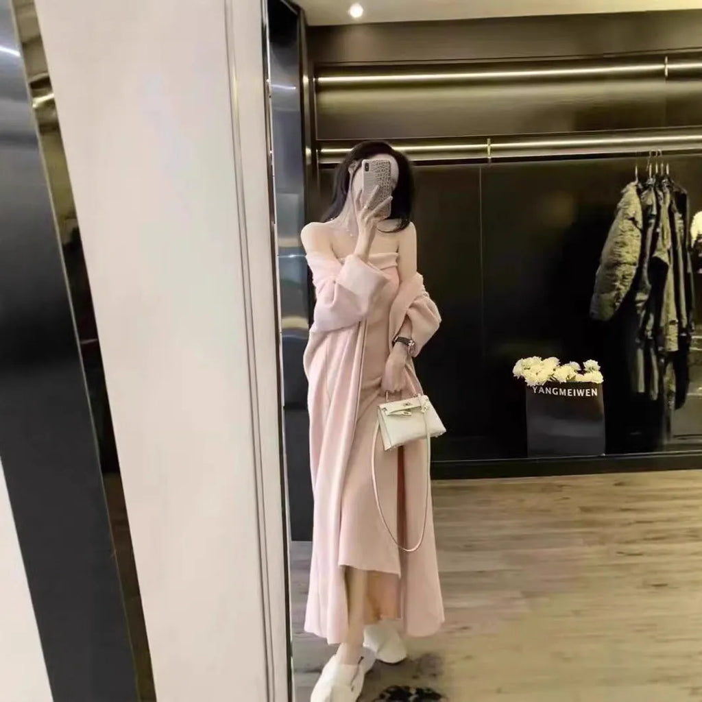 Women's grey knitted dress and coat suit set with flocked texture