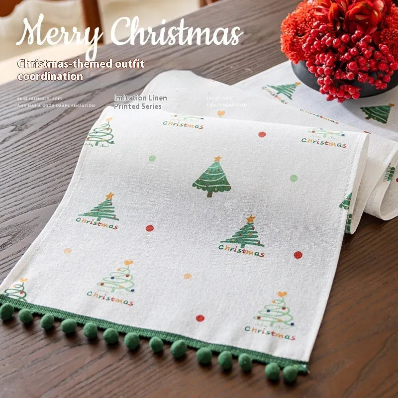 Green Christmas table runner with tree pattern on a dining table, 35cm wide polyester imitation linen